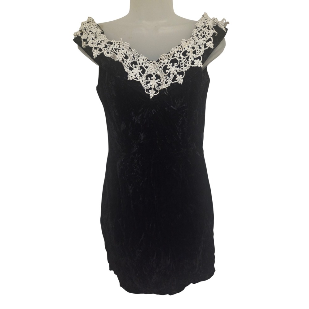 Vintage Jessica McClintock Gunne Sax Black Velvet Dress Lace Romantic Gothic M/L
